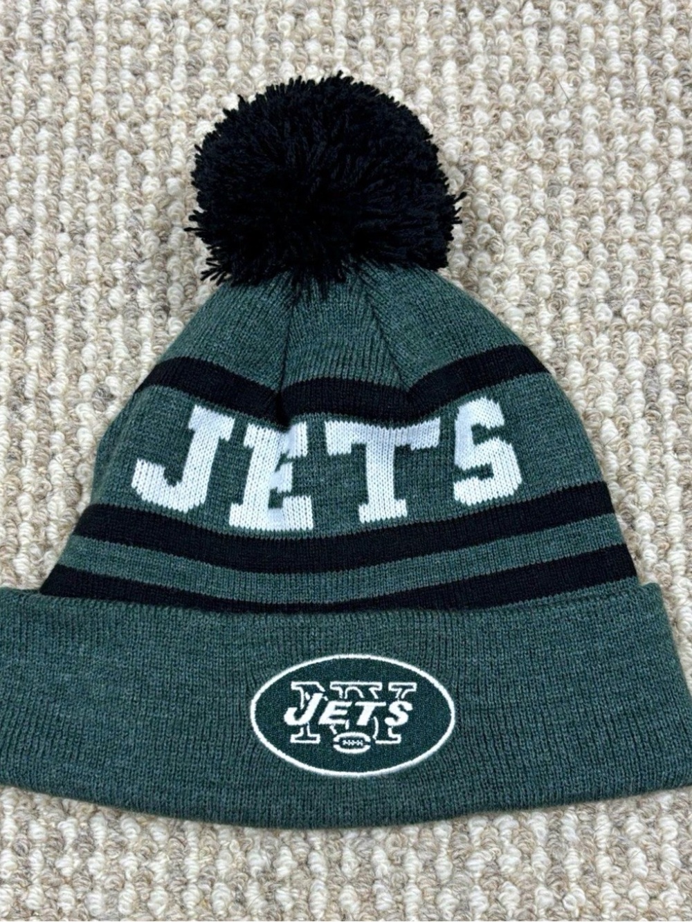 NFL Team Apparel New York Jets Youth Knit Beanie Hat Pom Green Black One Size